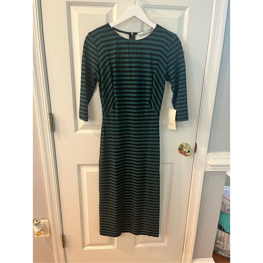 Zara Trafaluc Black & Green Striped Midi Dress sz S NWT